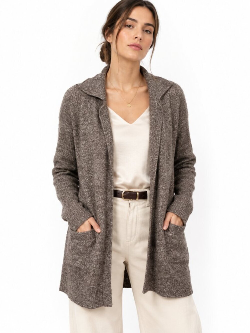 J.Crew Alpaca Wool Cardigan Women M Brown Open Front Longline Quiet Luxury